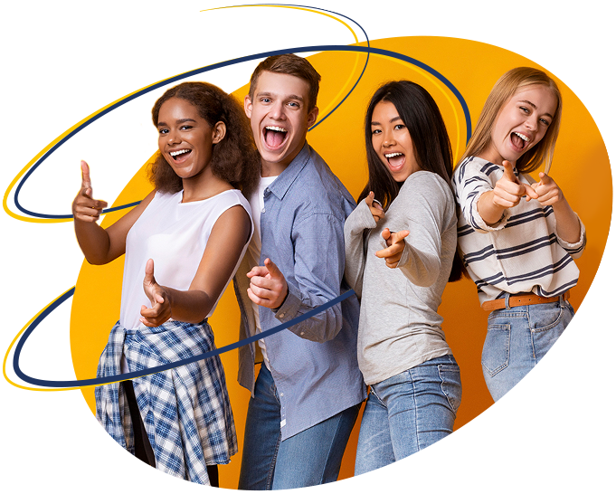 Four smiling young adults stand together against a yellow background, pointing playfully at the camera. Their cheerful energy and casual outfits radiate positivity—just like discovering effective over-the-counter UTI medication. Blue swirl graphics overlay the image.